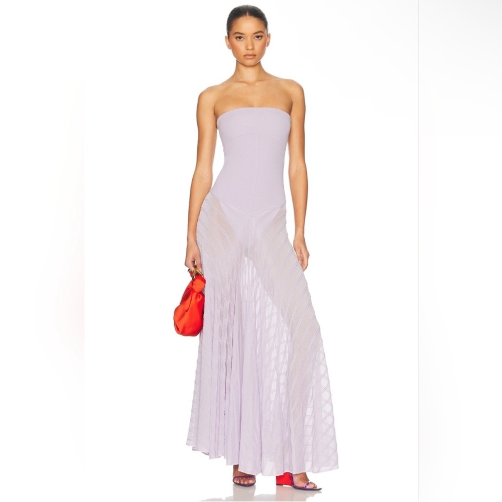 Helsa June Strapless Sheer Knit Bodysuit Lavender Purple Maxi Dress size Large